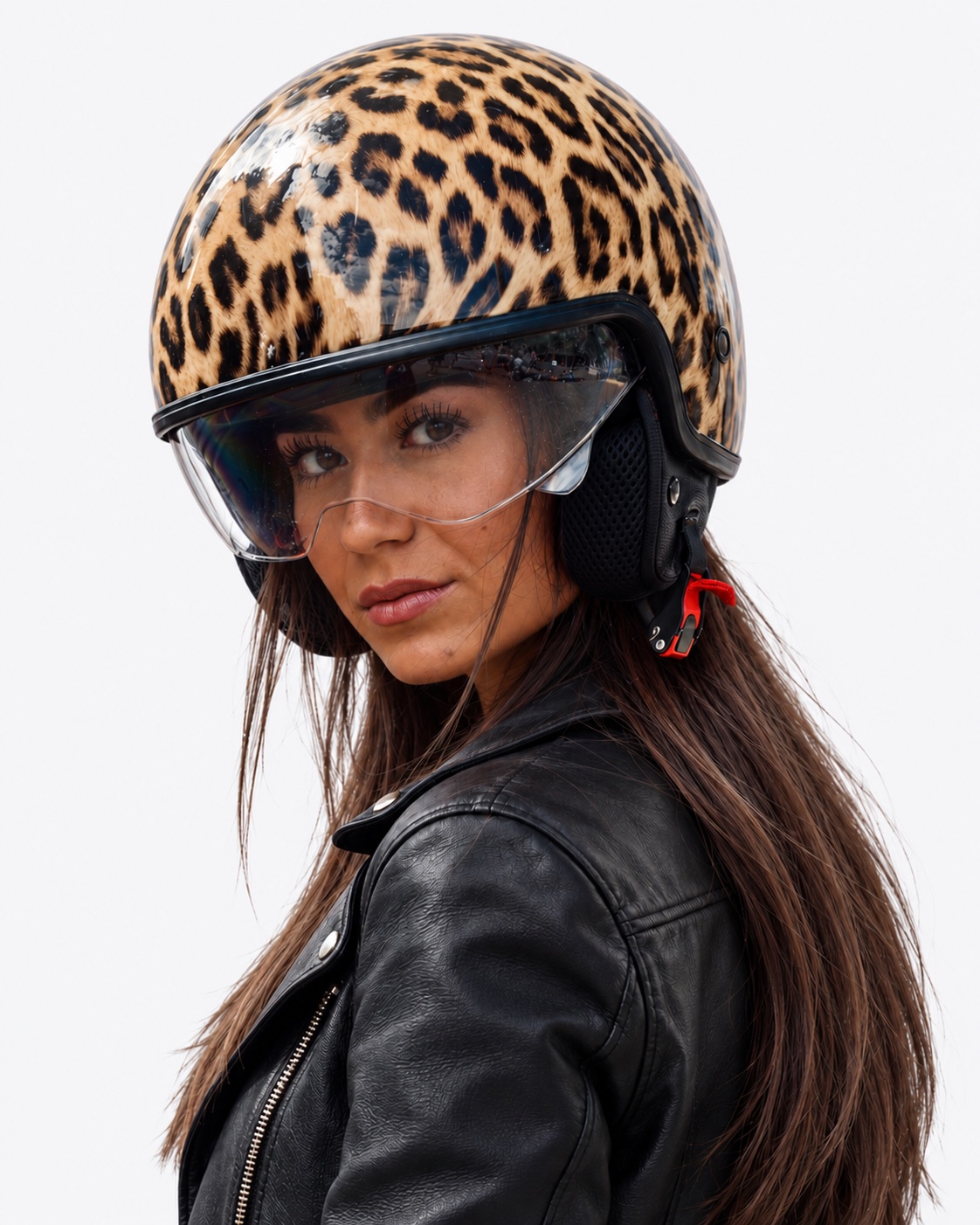 Leopard scooter helmet with clear visor, worn with a black leather jacket