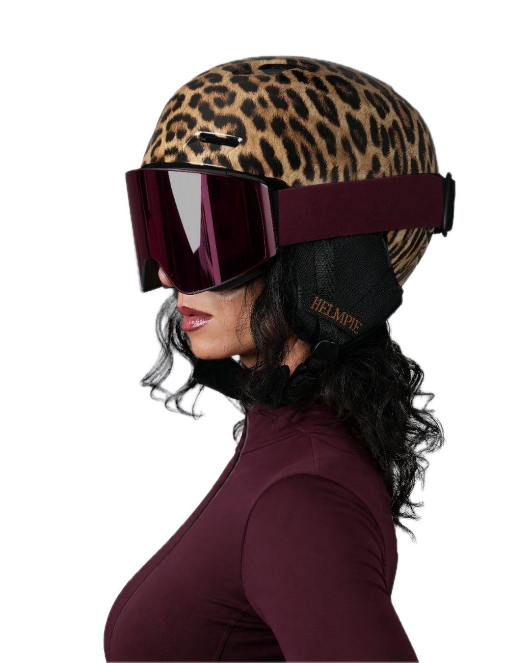 Leopard Ski Helmpie worn with bordeaux goggles