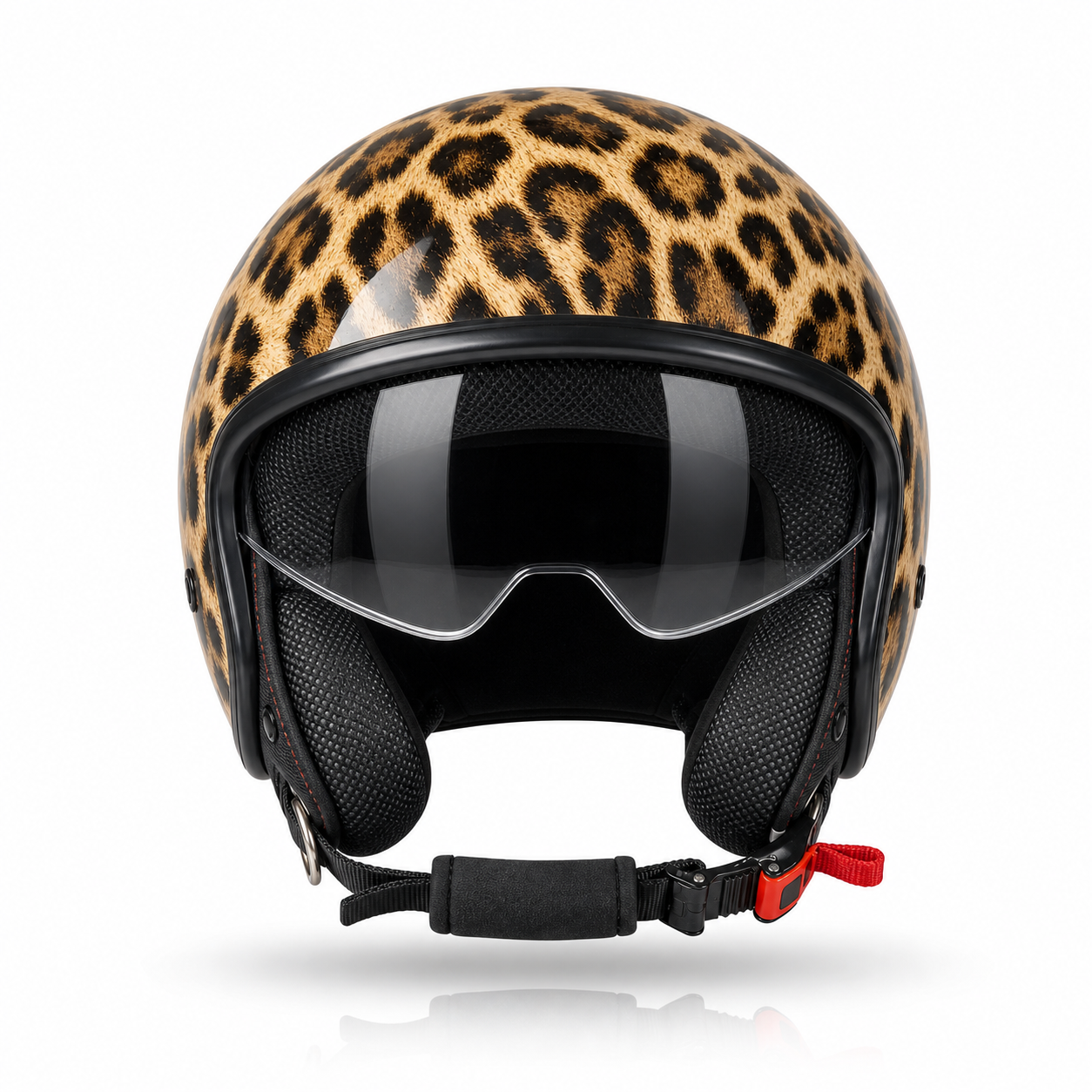 Leopard Scooter Helmpie, front view with visor down