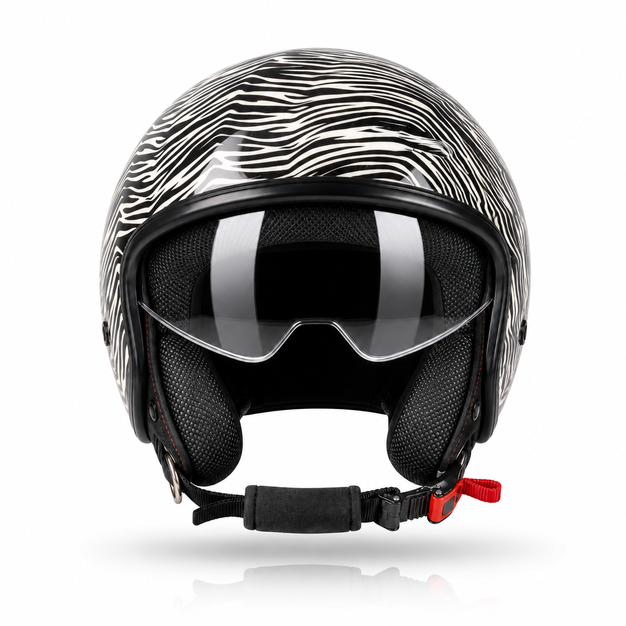 Zebra Scooter Helmpie, front view with visor
